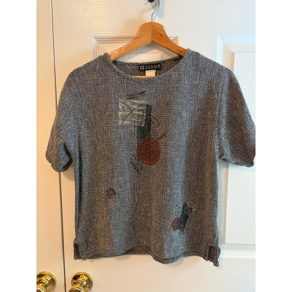 Tribe A People United Grey Knit Abstract Graphic Print Short Sleeve Top Medium